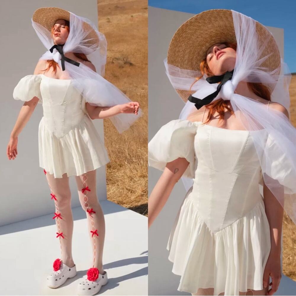 FOR LOVE & LEMONS Mia Off the Shoulder Puff Sleeve Corset White Mini Dress Sz L